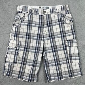BKE Darren Cargo Shorts Mens 32 White Blue Plaid Cotton Casual 11in Inseam